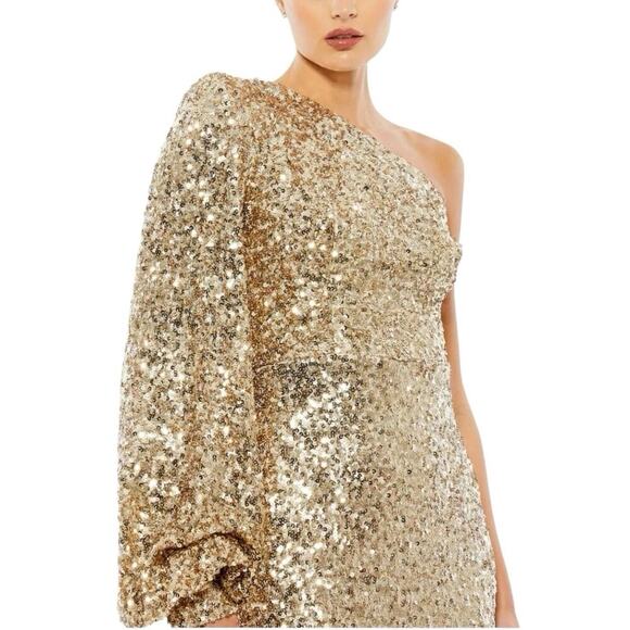 Mac Duggal 26717 Gold Sequin One Shoulder Bishop Sleeve Trumpet Gown Size 14 - Picture 2 of 7